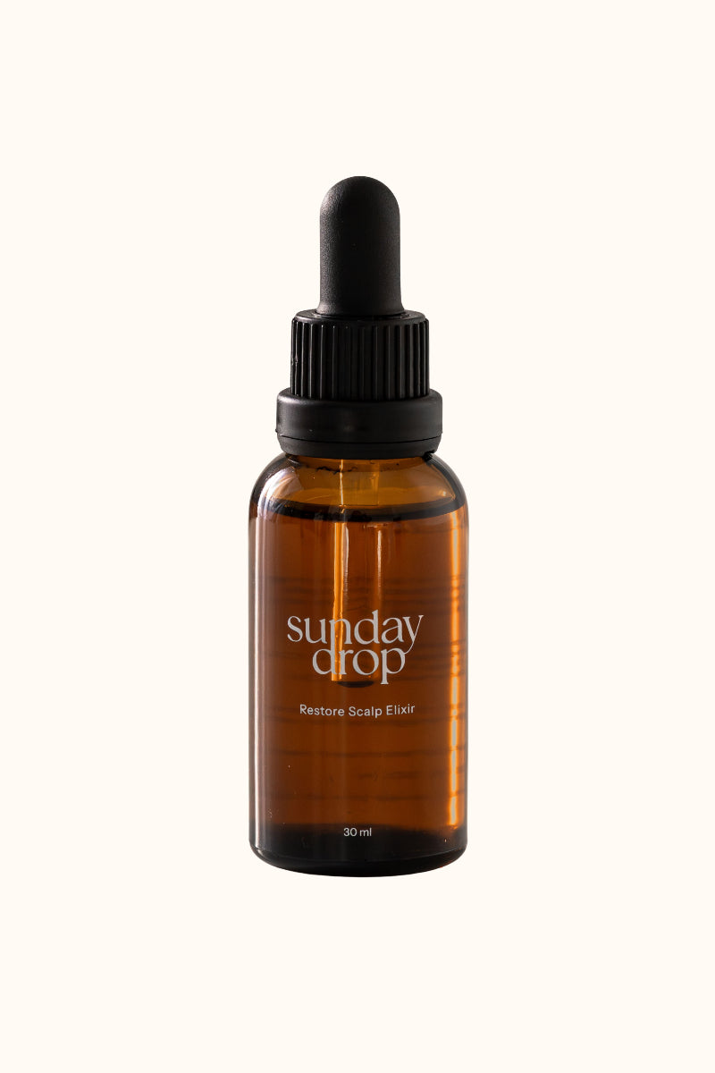 Brown bottle with dropper labeled 'sunday drop' on a white background