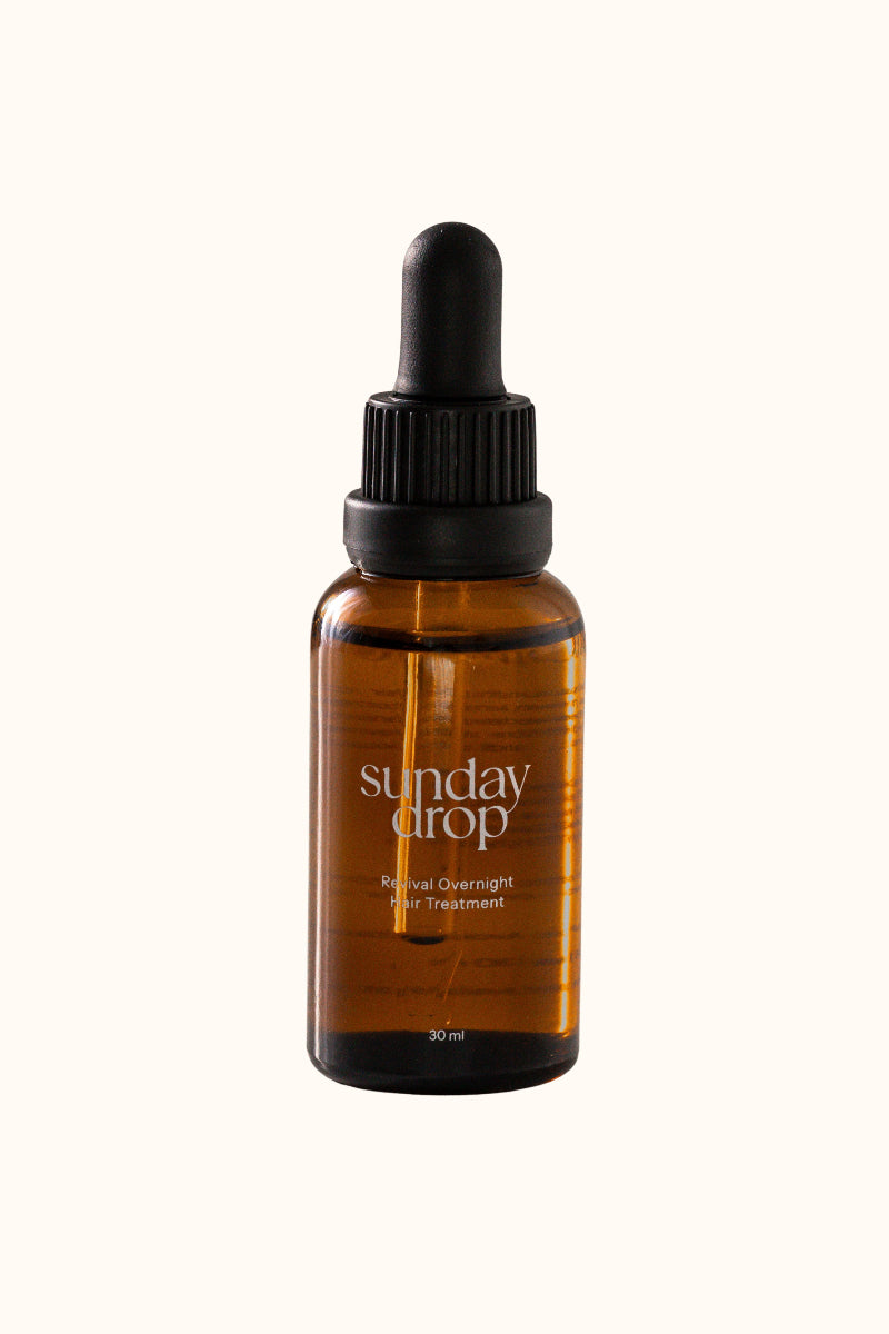 Brown glass bottle with dropper labeled 'Sunday Drop' on a white background