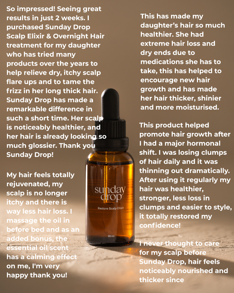 Sunday Drop Scalp Elixir bottle with customer reviews on a brown background