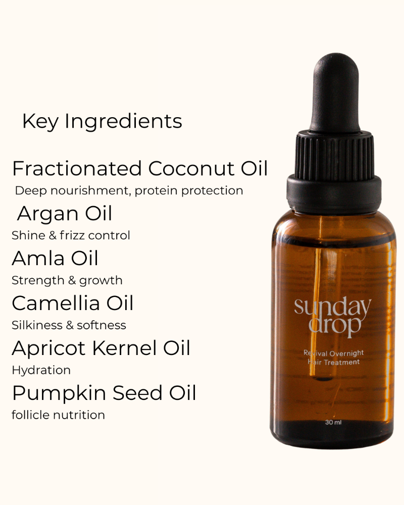 Bottle of Sunday Drop hair oil with key ingredients listed on a white background