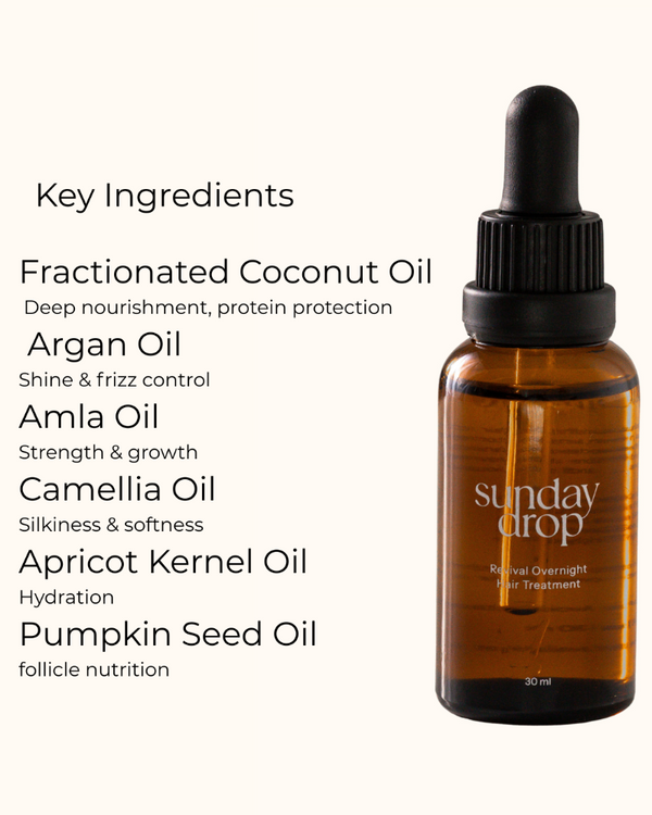 Bottle of Sunday Drop hair oil with key ingredients listed on a white background