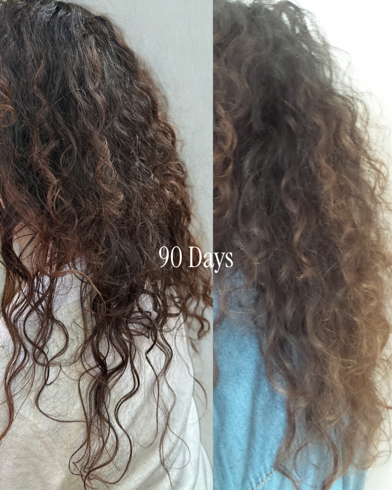 Split image of hair before and after 90 days, showing natural curl pattern.
