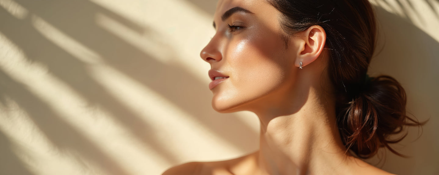 Woman with a ponytail against a beige wall with shadow patterns