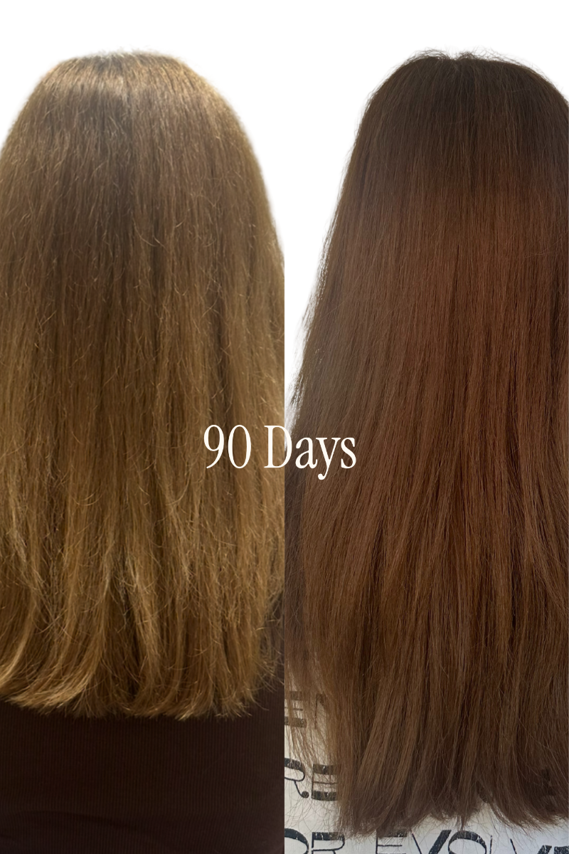 Before and after comparison of hair growth over 90 days, showing a significant change in hair density and length.