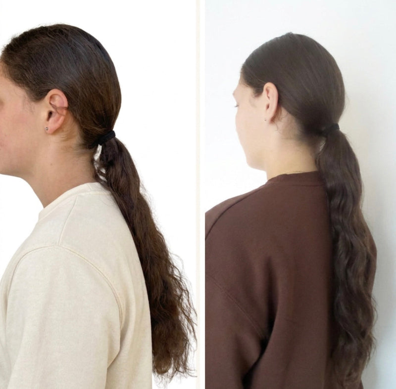 Two side-by-side images of a person with long hair styled differently.