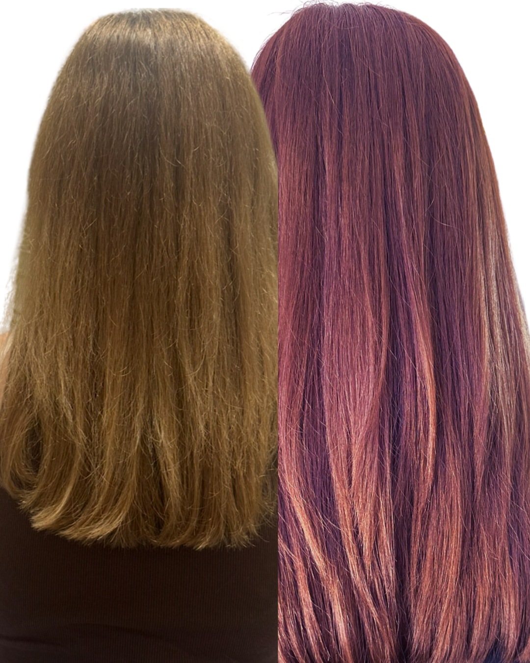 A side-by-side comparison of hair color transformation, showing short brown hair on the left and long, straight, deep auburn-purple hair on the right.